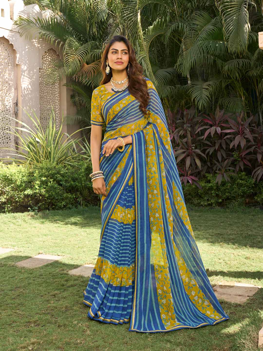 Navy blue striped georgette saree