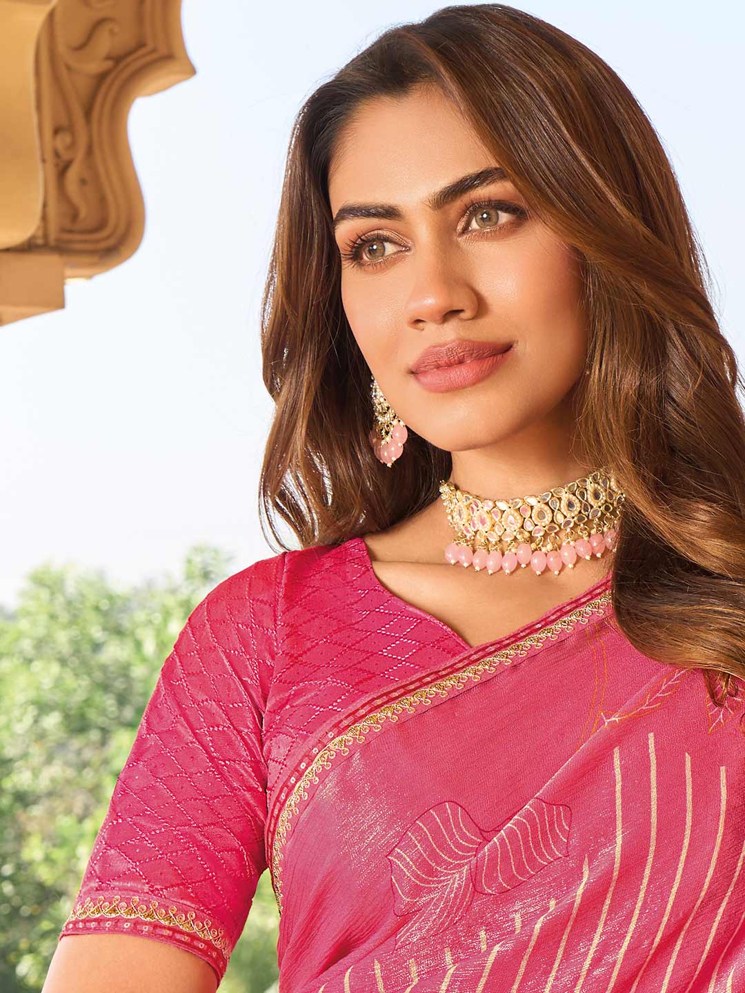 Printed pink saree styling