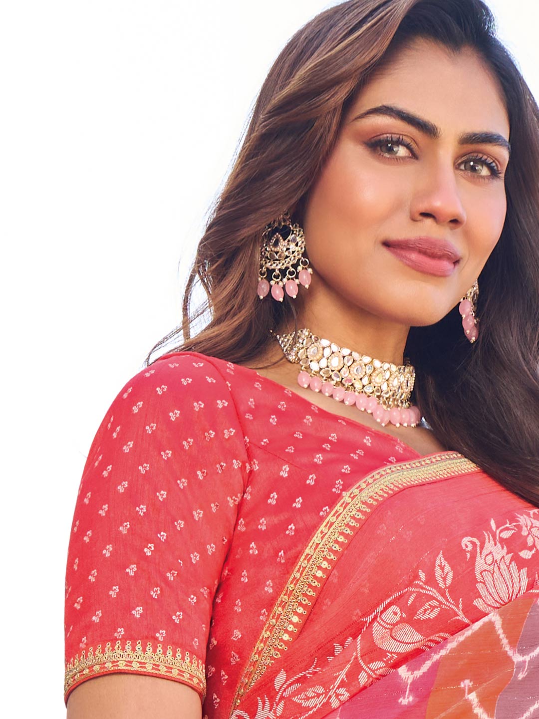 Printed pink chiffon saree styling