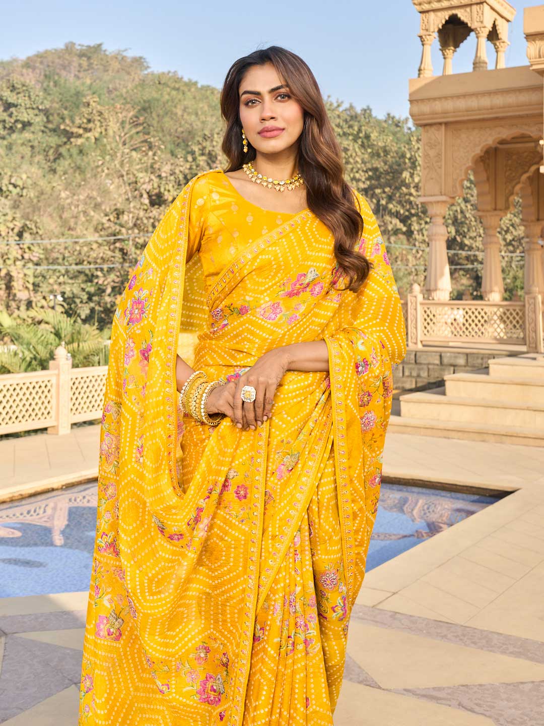 Printed yellow saree styling