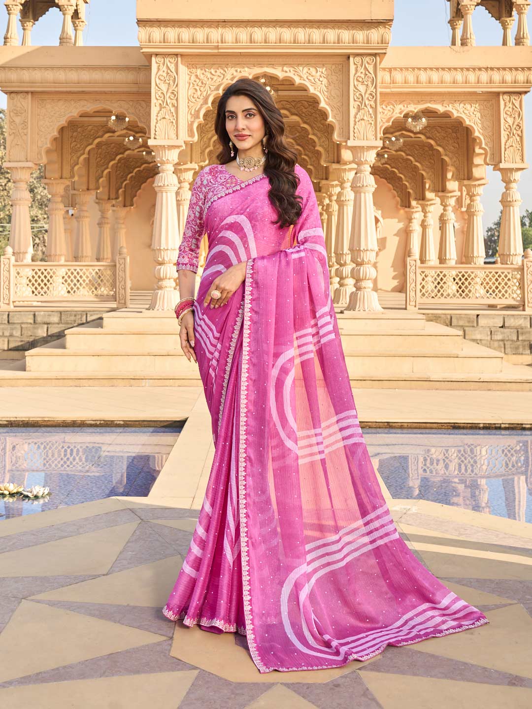 Purple lines print chiffon saree