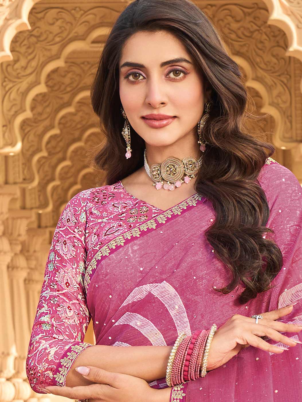 Laxmipati Nakhrali Purple Chiffon Geometric Printed Saree