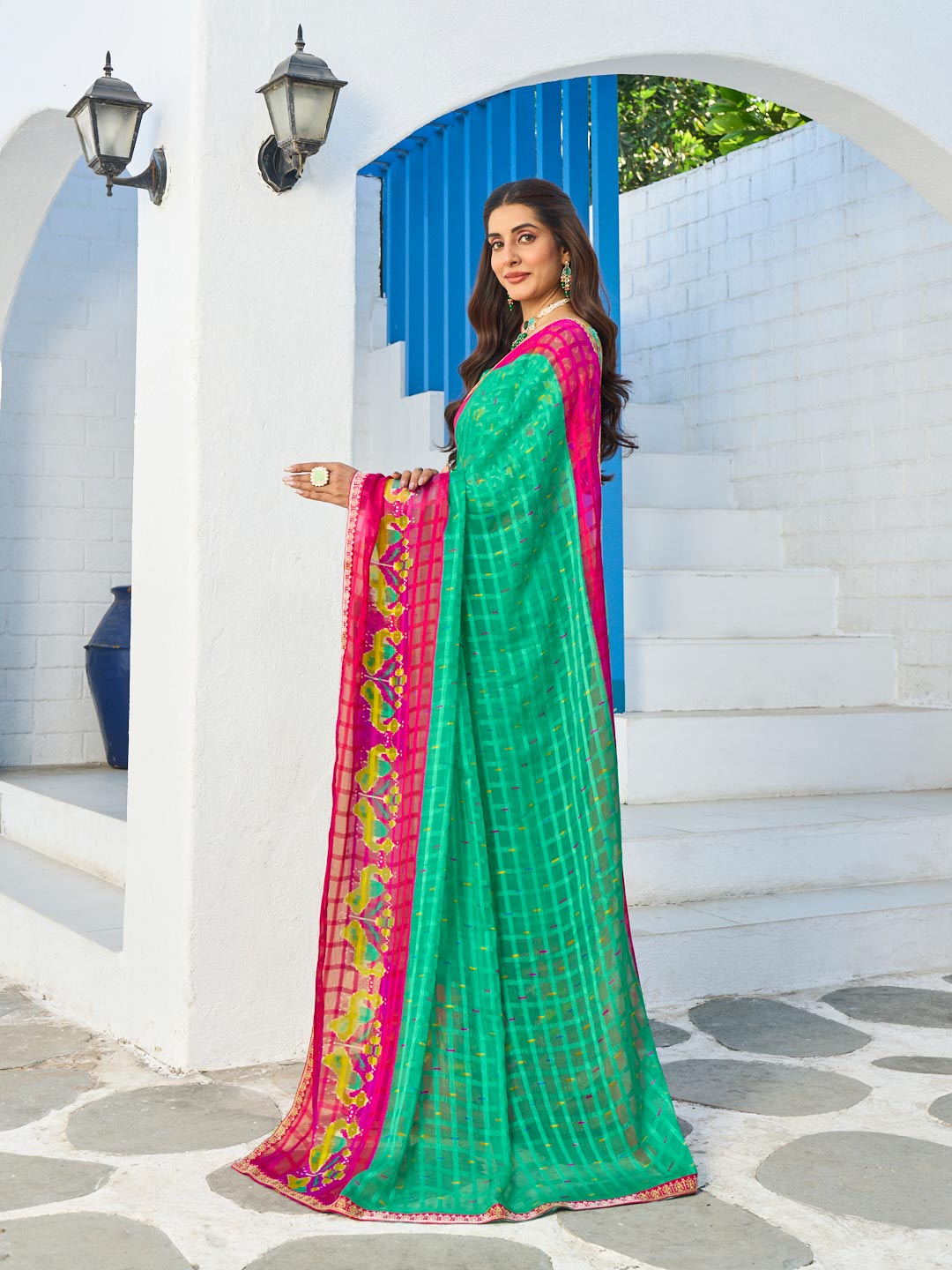 Laxmipati Rang Birangi Green Chiffon Geometric Printed Saree