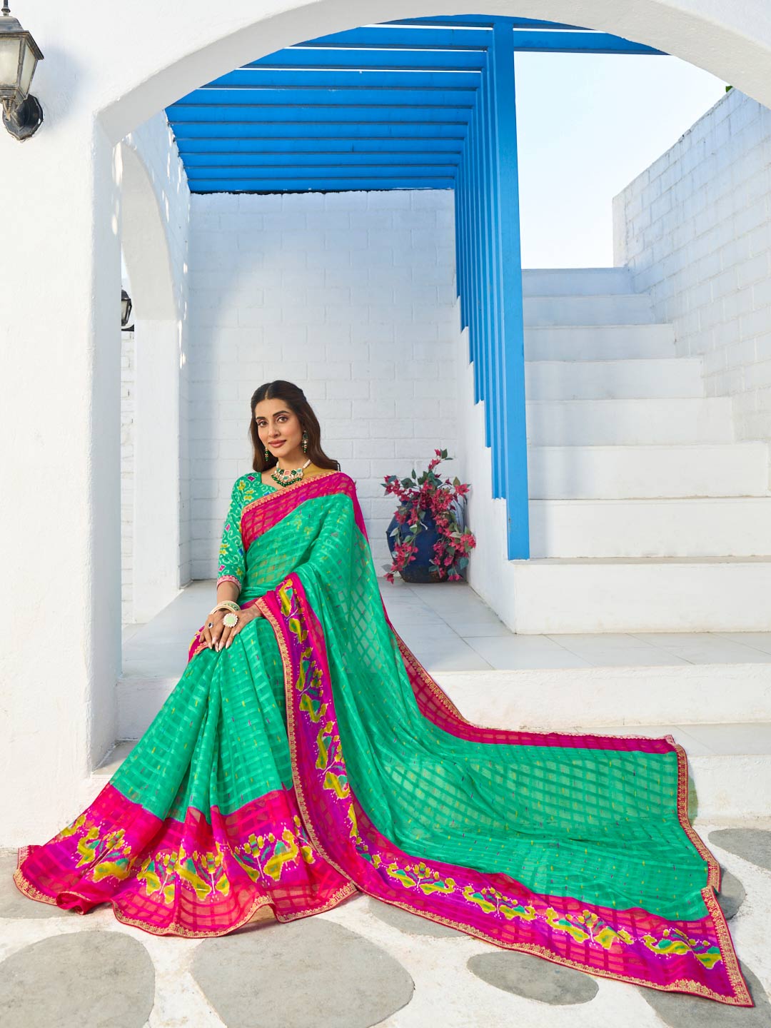 Laxmipati Rang Birangi Green Chiffon Geometric Printed Saree
