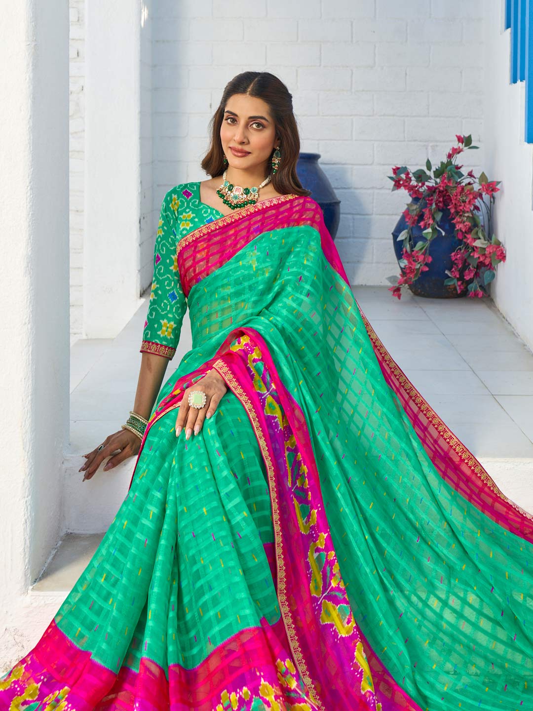 Laxmipati Rang Birangi Green Chiffon Geometric Printed Saree