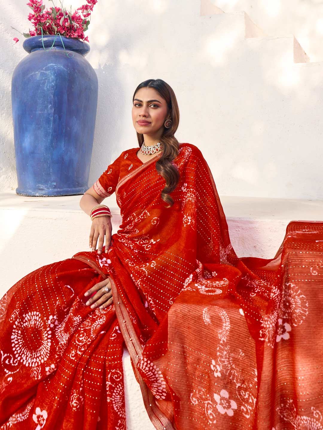 Laxmipati Rang Birangi Red Chiffon Floral Printed Saree