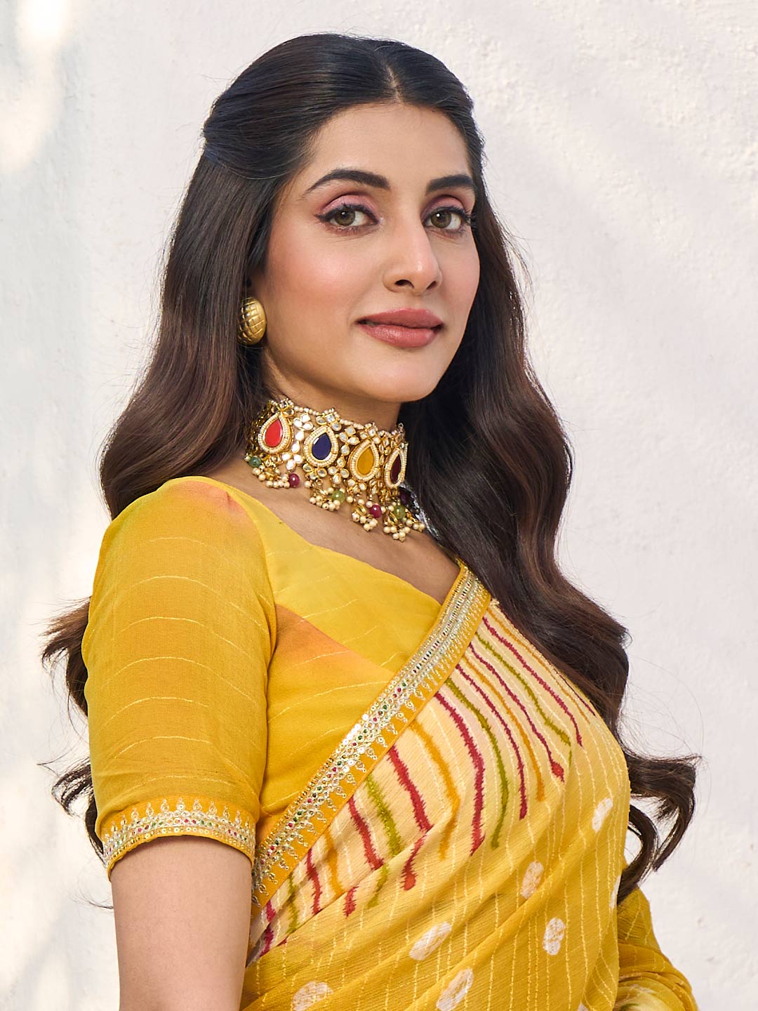 Laxmipati Rang Birangi Yellow Chiffon Geometric Printed Saree