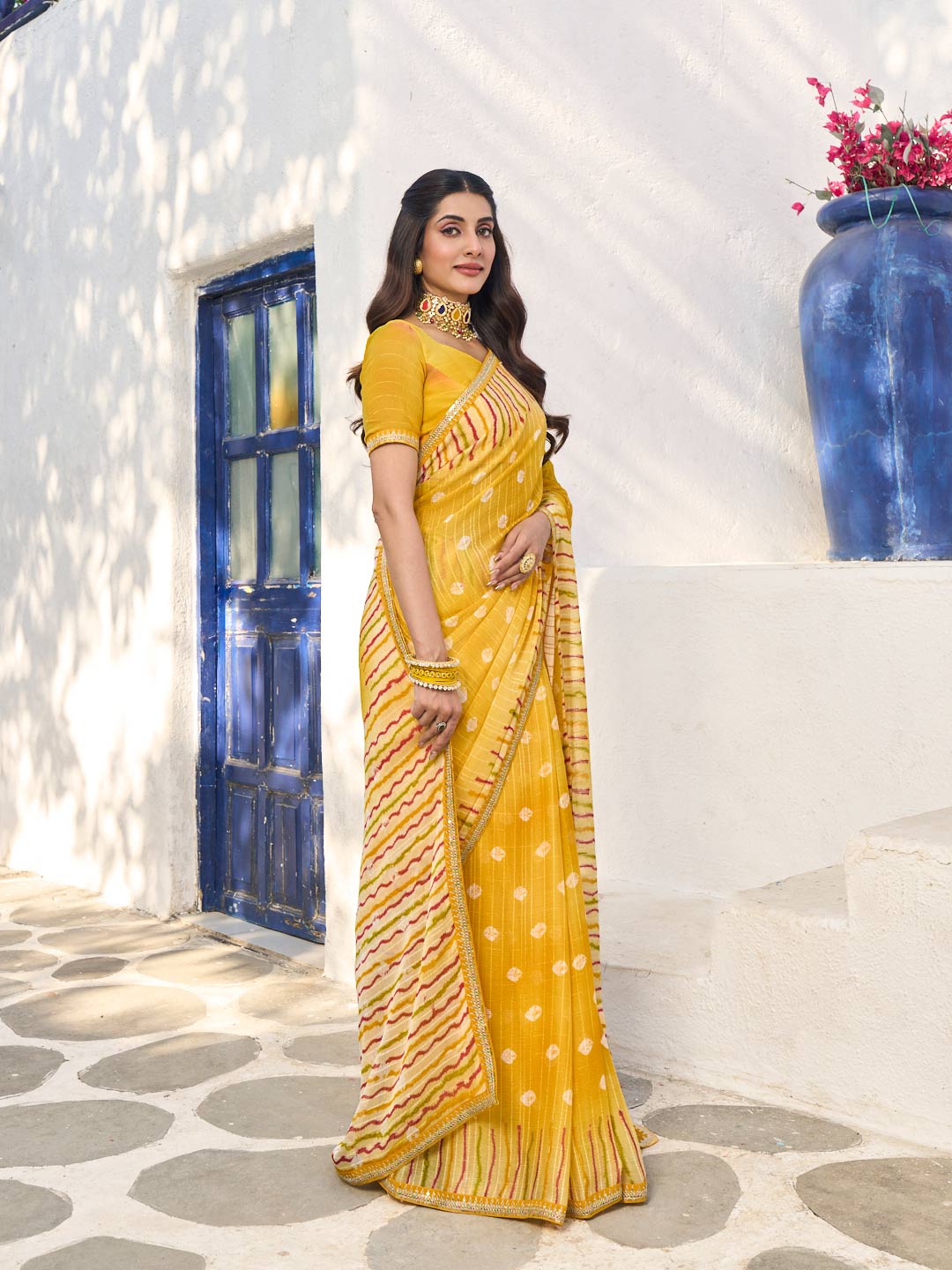 Laxmipati Rang Birangi Yellow Chiffon Geometric Printed Saree