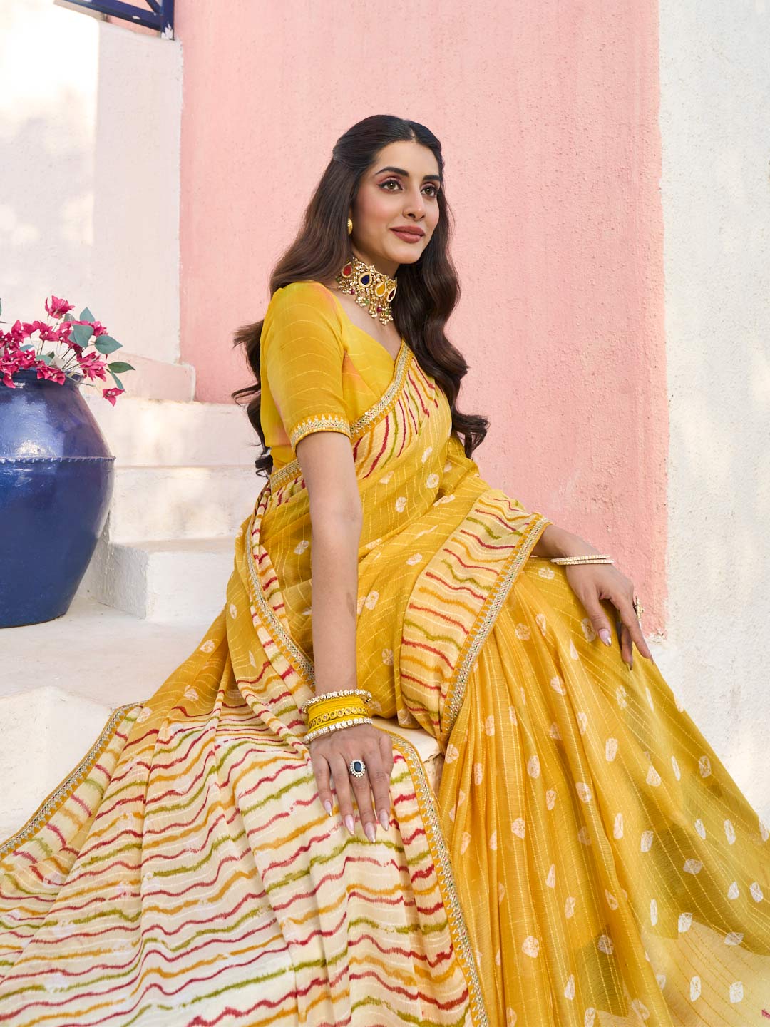 Laxmipati Rang Birangi Yellow Chiffon Geometric Printed Saree