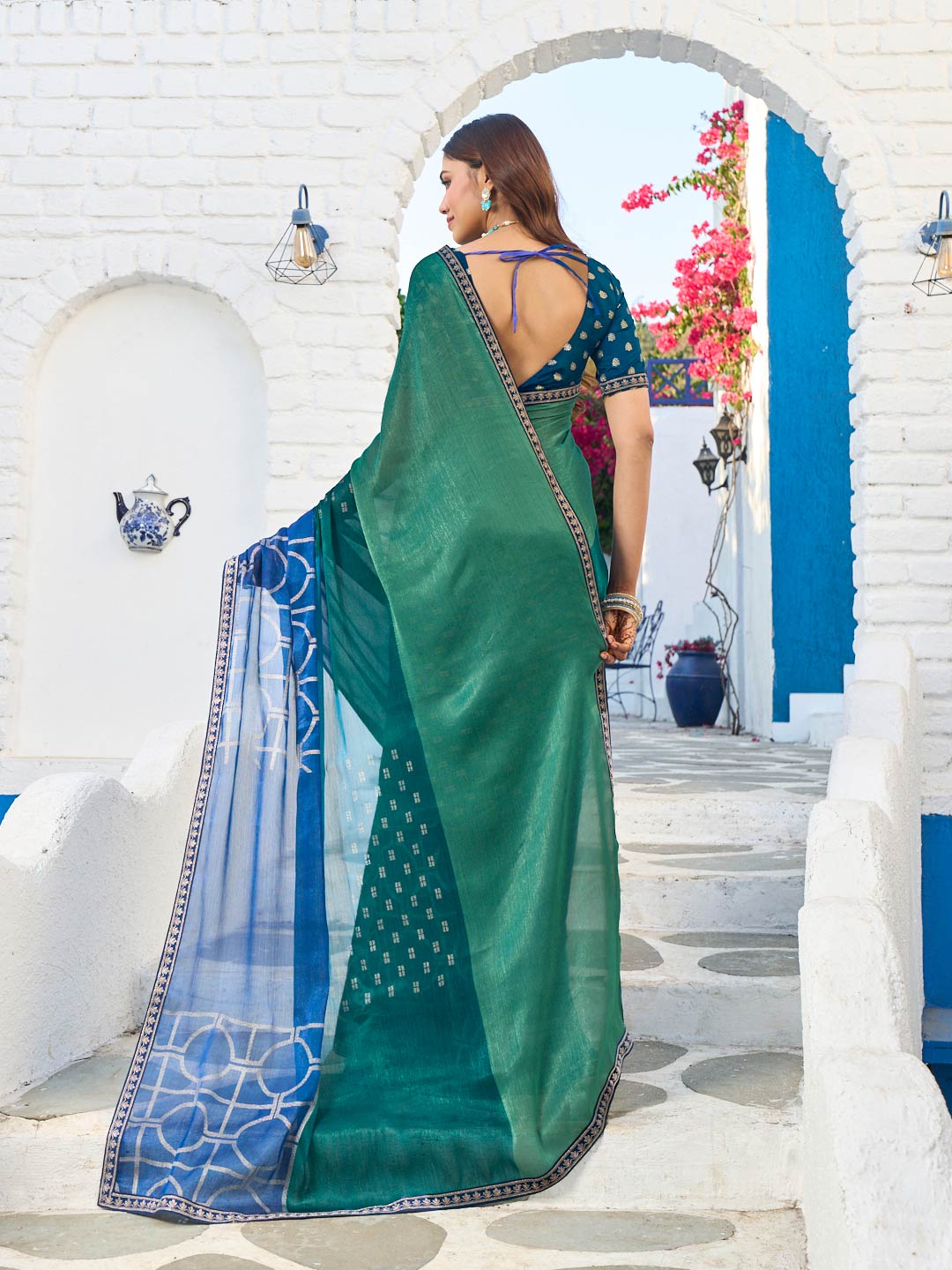 Laxmipati Rang Birangi Blue Silk Blend Geometric Printed Saree