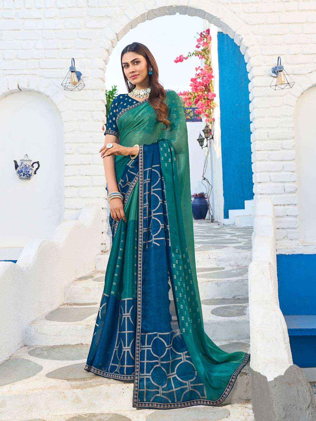 Laxmipati Rang Birangi Blue Silk Blend Geometric Printed Saree