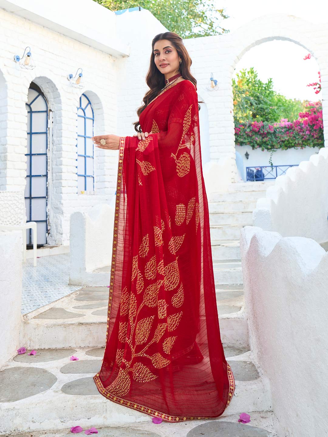 Laxmipati Rang Birangi Red Chiffon Floral Printed Saree