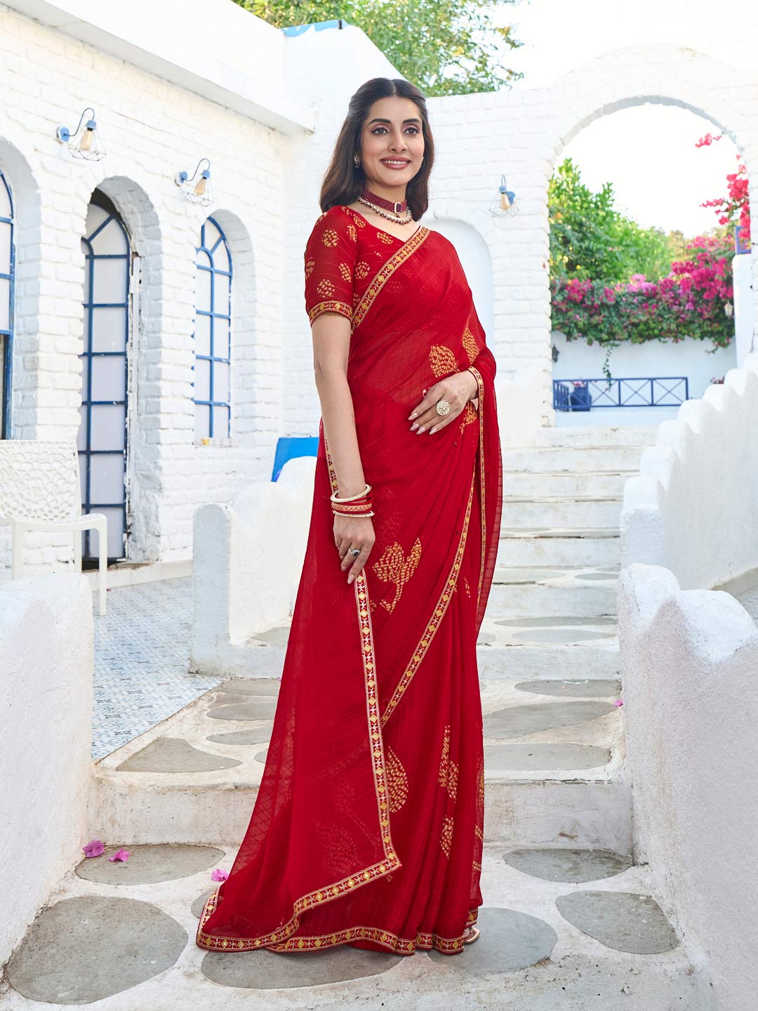 Laxmipati Rang Birangi Red Chiffon Floral Printed Saree
