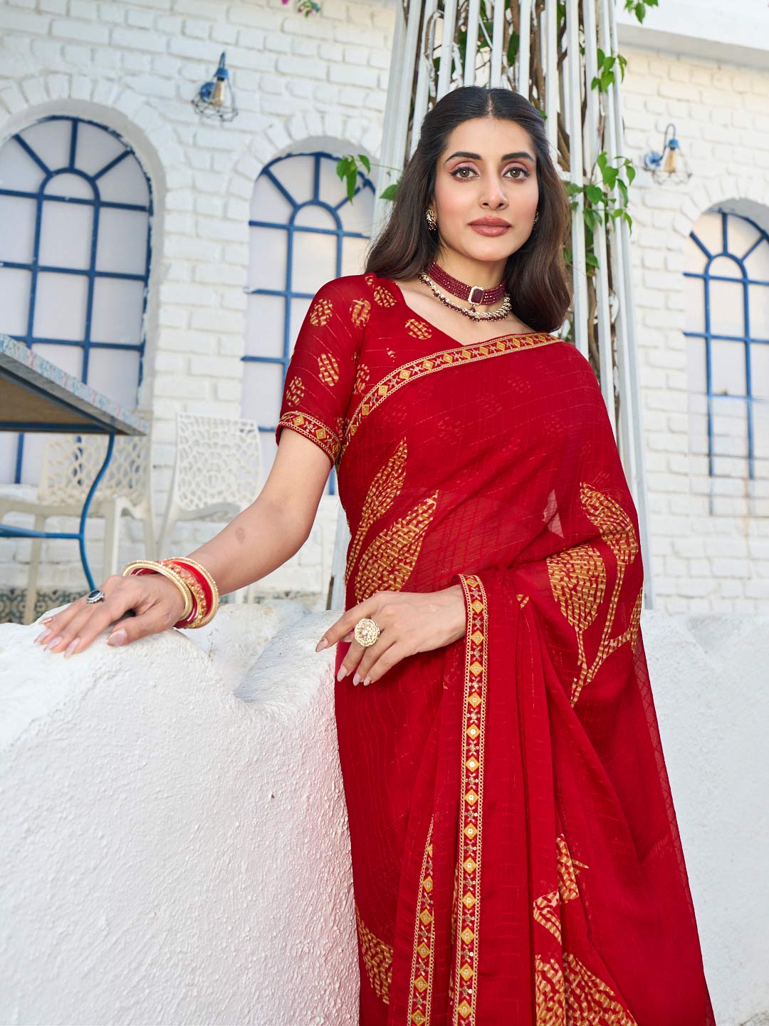 Laxmipati Rang Birangi Red Chiffon Floral Printed Saree