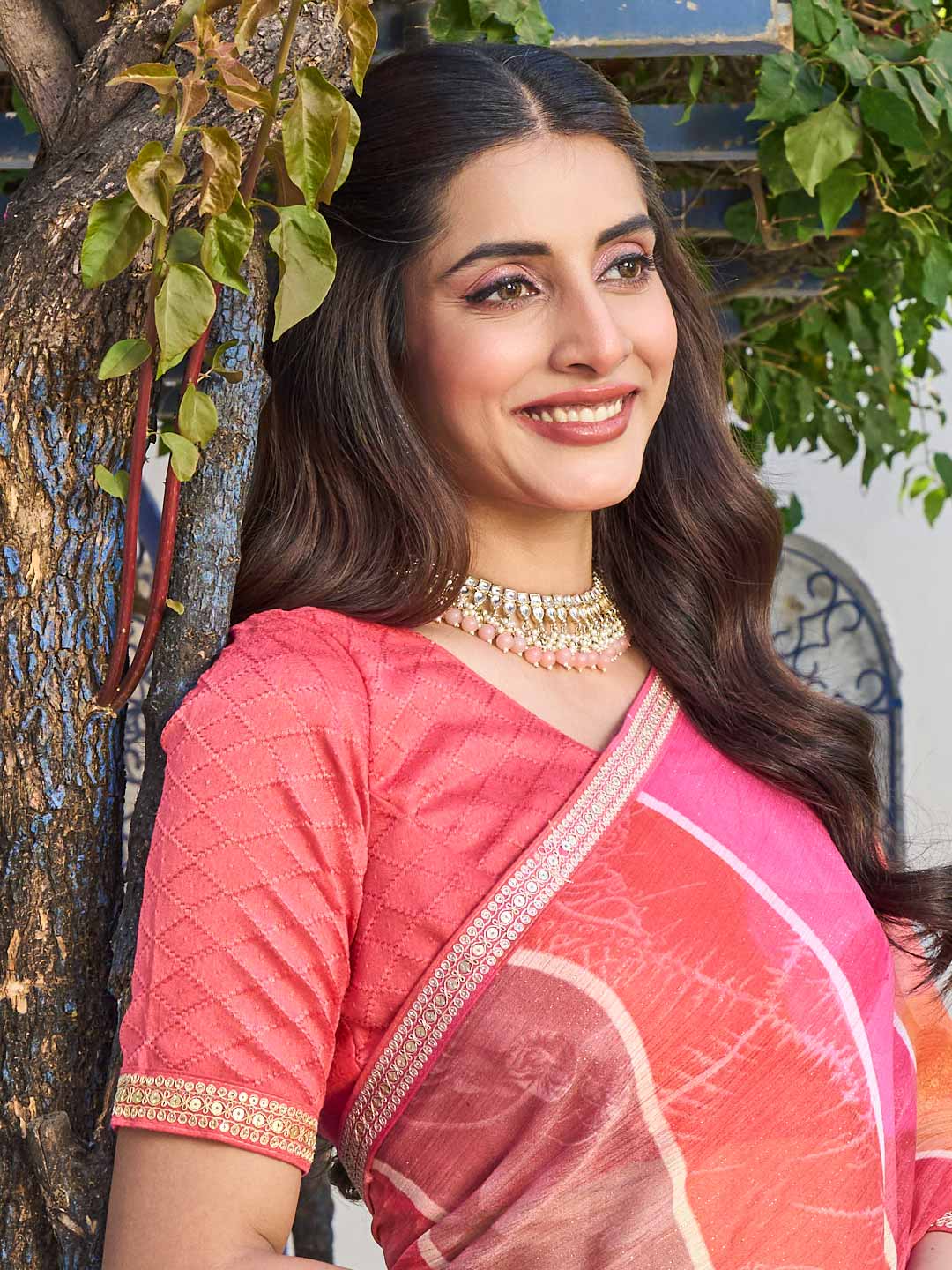 Laxmipati Rang Birangi Pink Chiffon Geometric Printed Saree