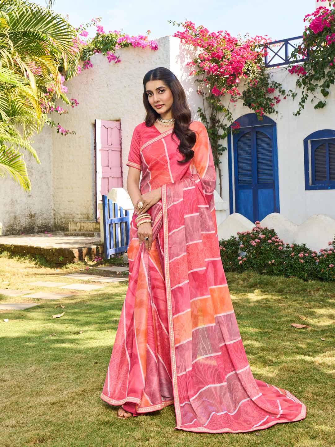 Laxmipati Rang Birangi Pink Chiffon Geometric Printed Saree