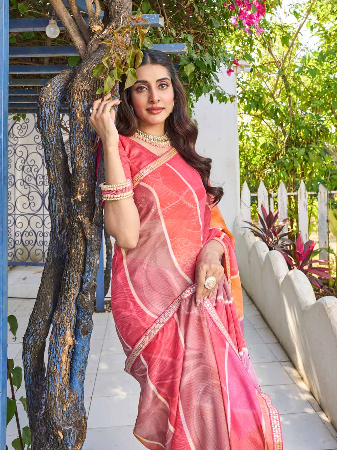 Laxmipati Rang Birangi Pink Chiffon Geometric Printed Saree