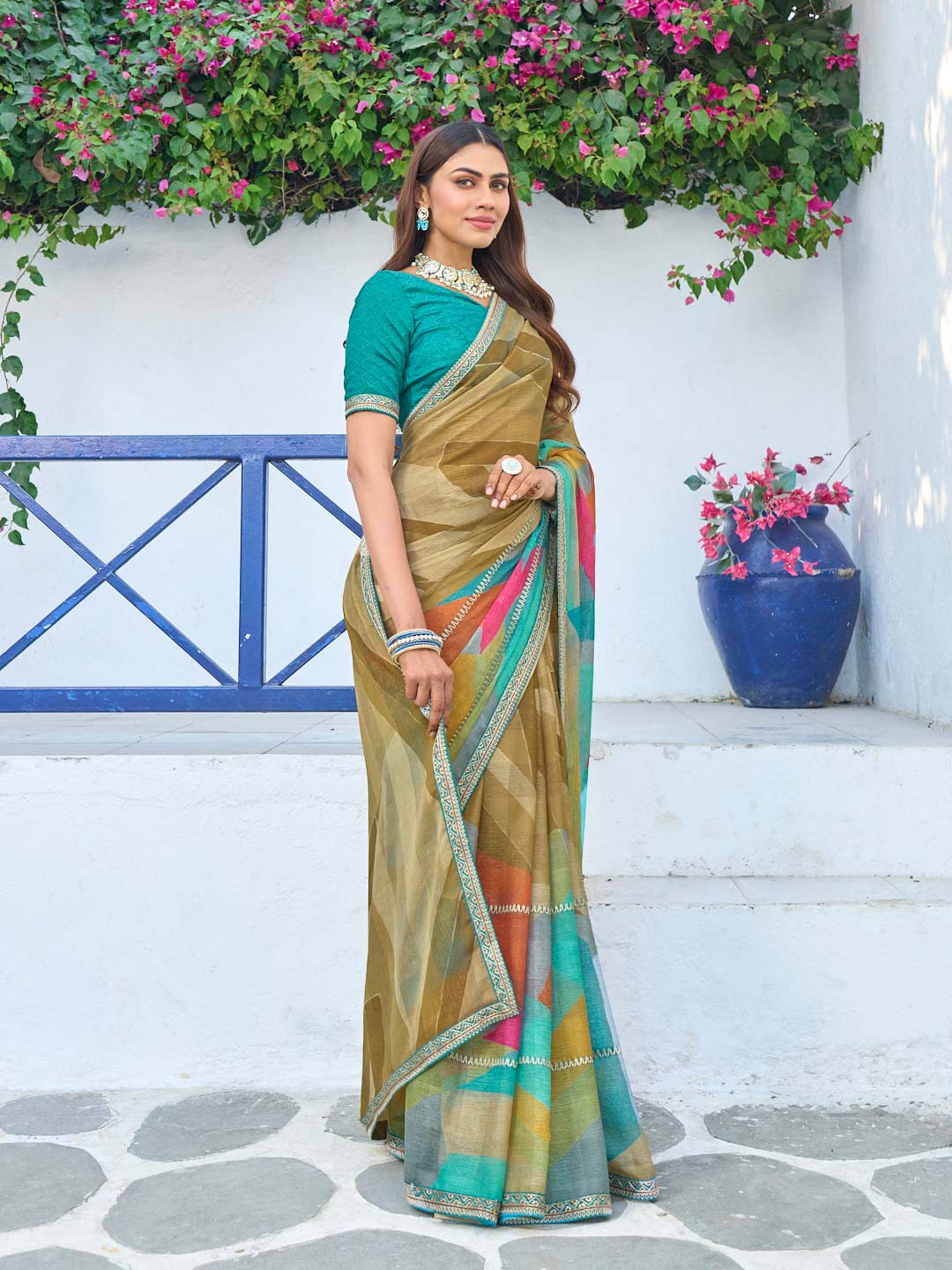 Laxmipati Rang Birangi Brown Silk Blend Geometric Printed Saree