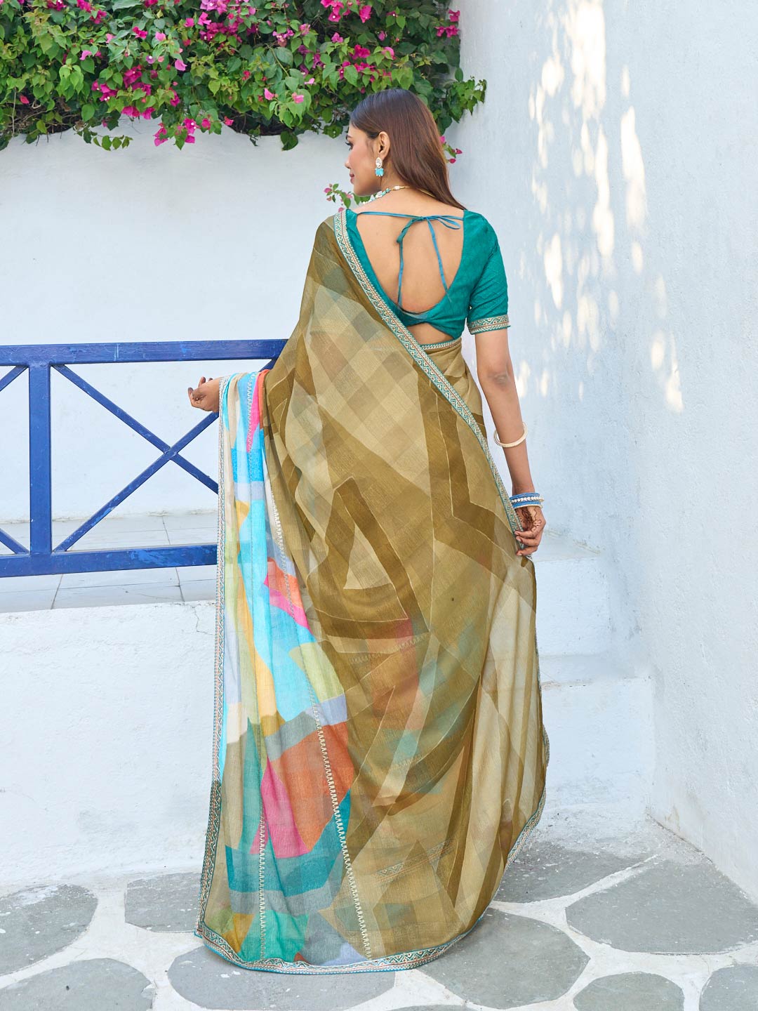 Laxmipati Rang Birangi Brown Silk Blend Geometric Printed Saree