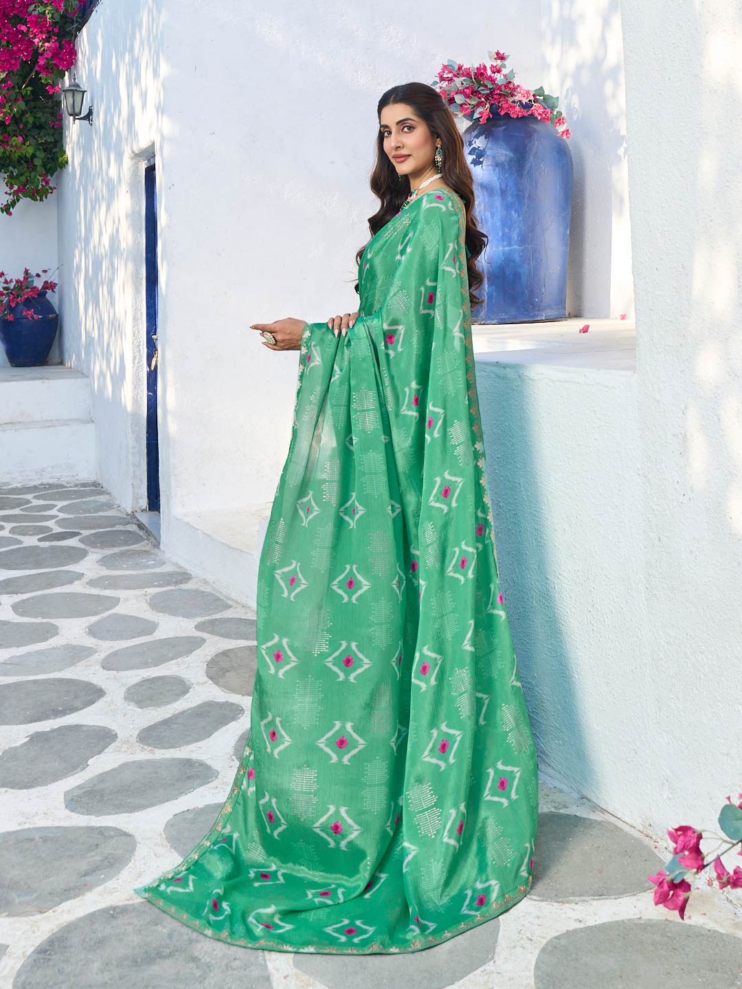 Laxmipati Rang Birangi Green Silk Blend Geometric Printed Saree