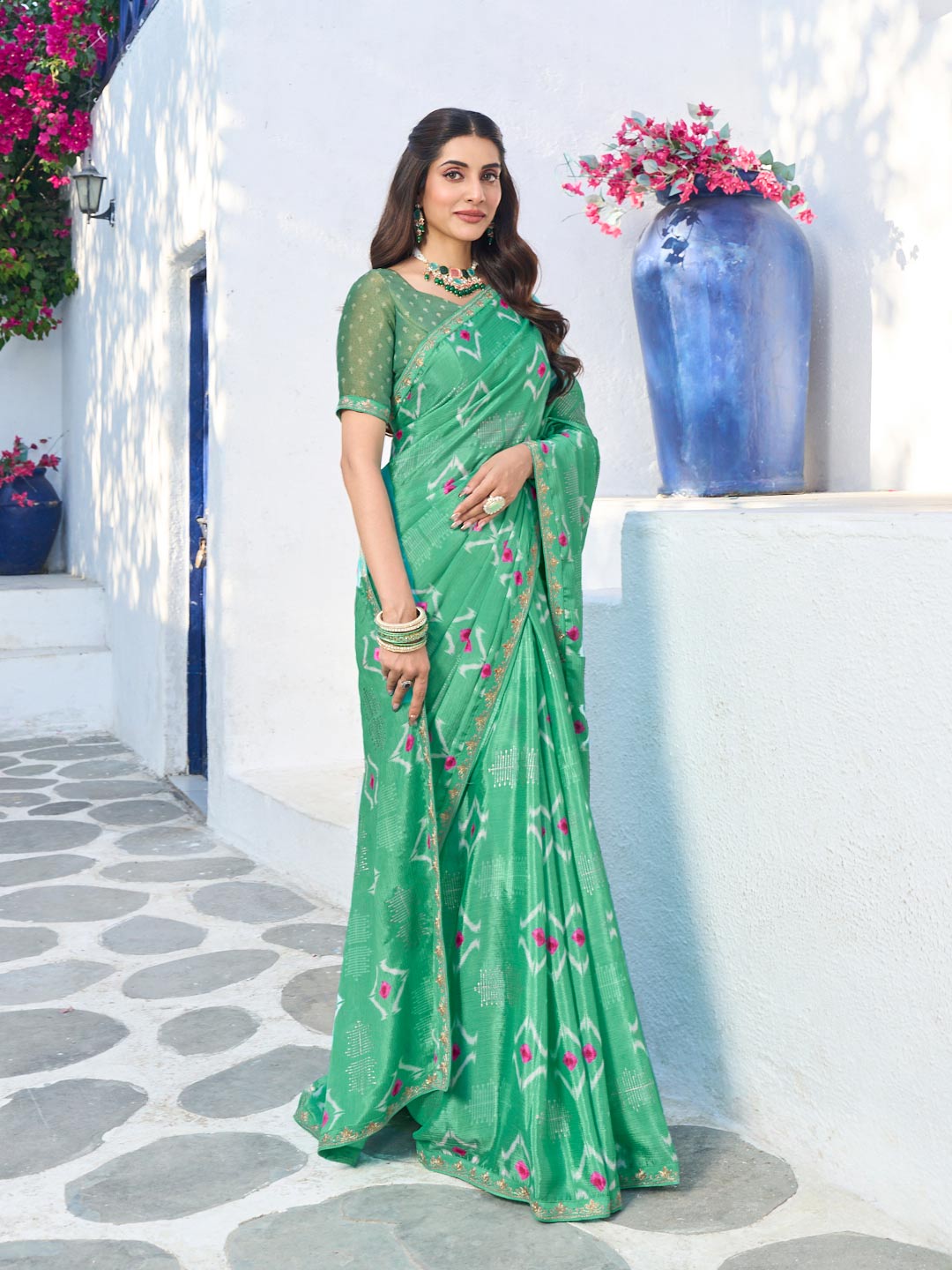 Laxmipati Rang Birangi Green Silk Blend Geometric Printed Saree