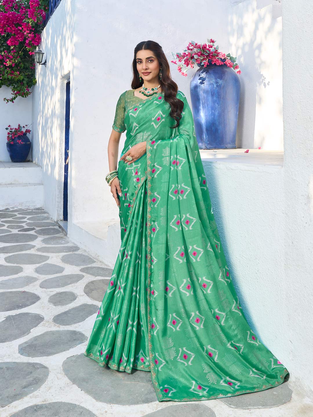 Laxmipati Rang Birangi Green Silk Blend Geometric Printed Saree