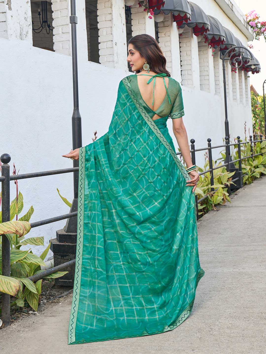 Laxmipati Rang Birangi Green Silk Blend Checkered Printed Saree