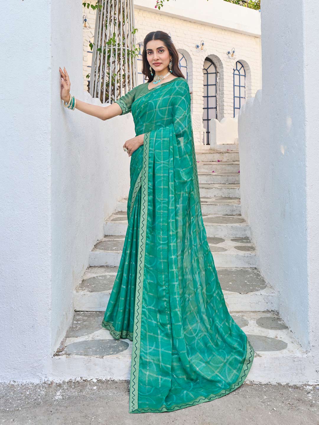 Laxmipati Rang Birangi Green Silk Blend Checkered Printed Saree