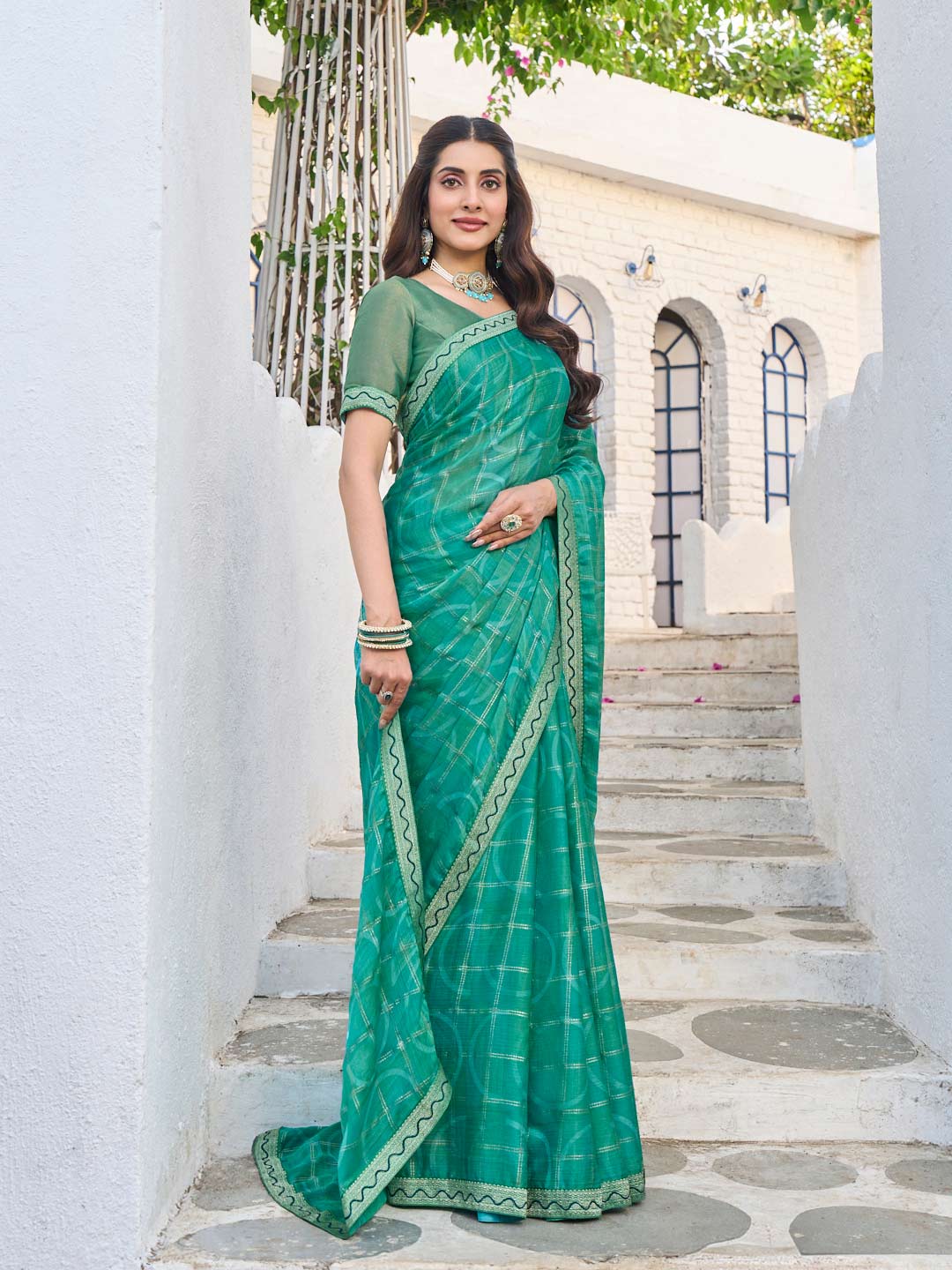 Laxmipati Rang Birangi Green Silk Blend Checkered Printed Saree