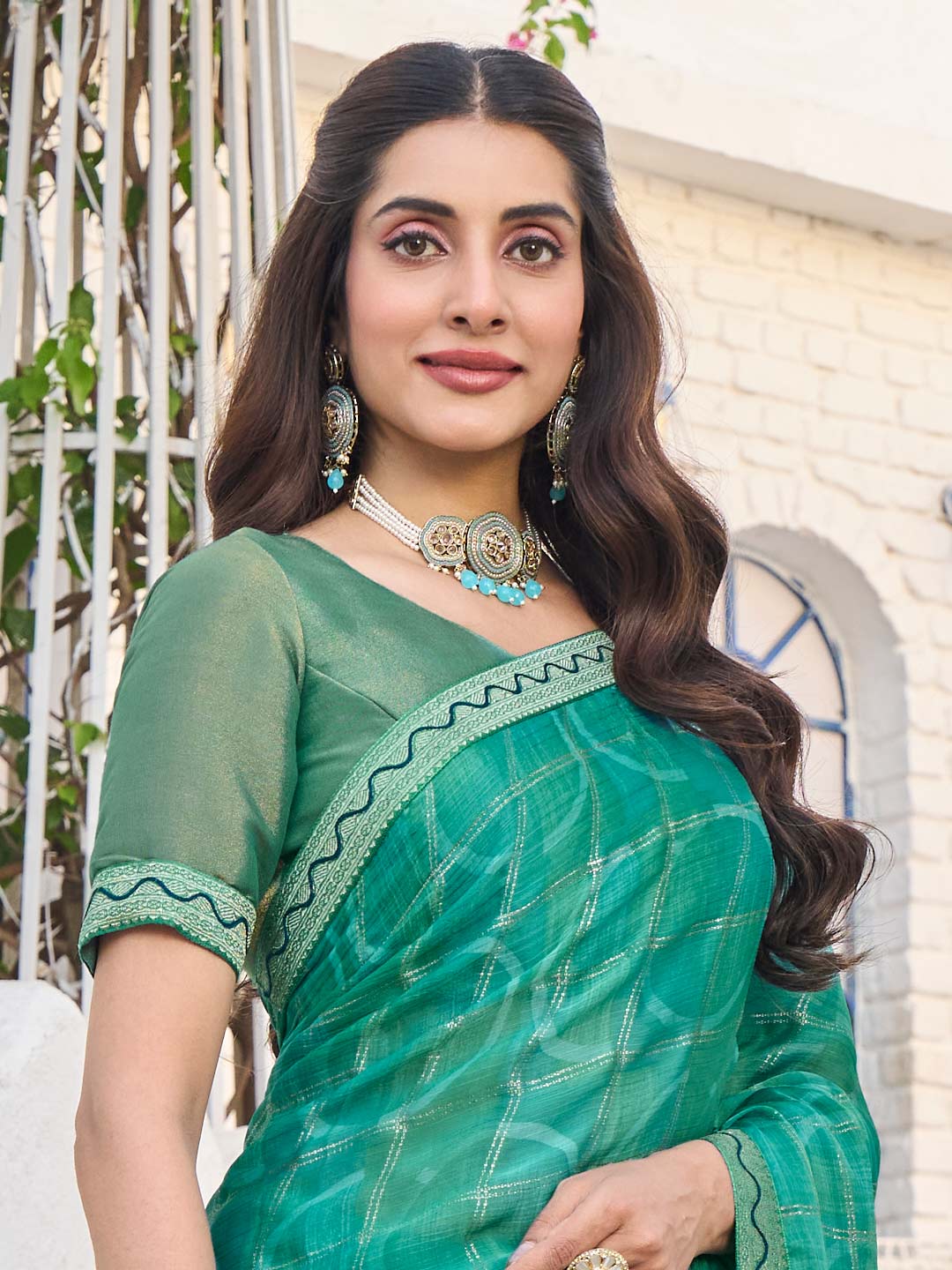 Laxmipati Rang Birangi Green Silk Blend Checkered Printed Saree