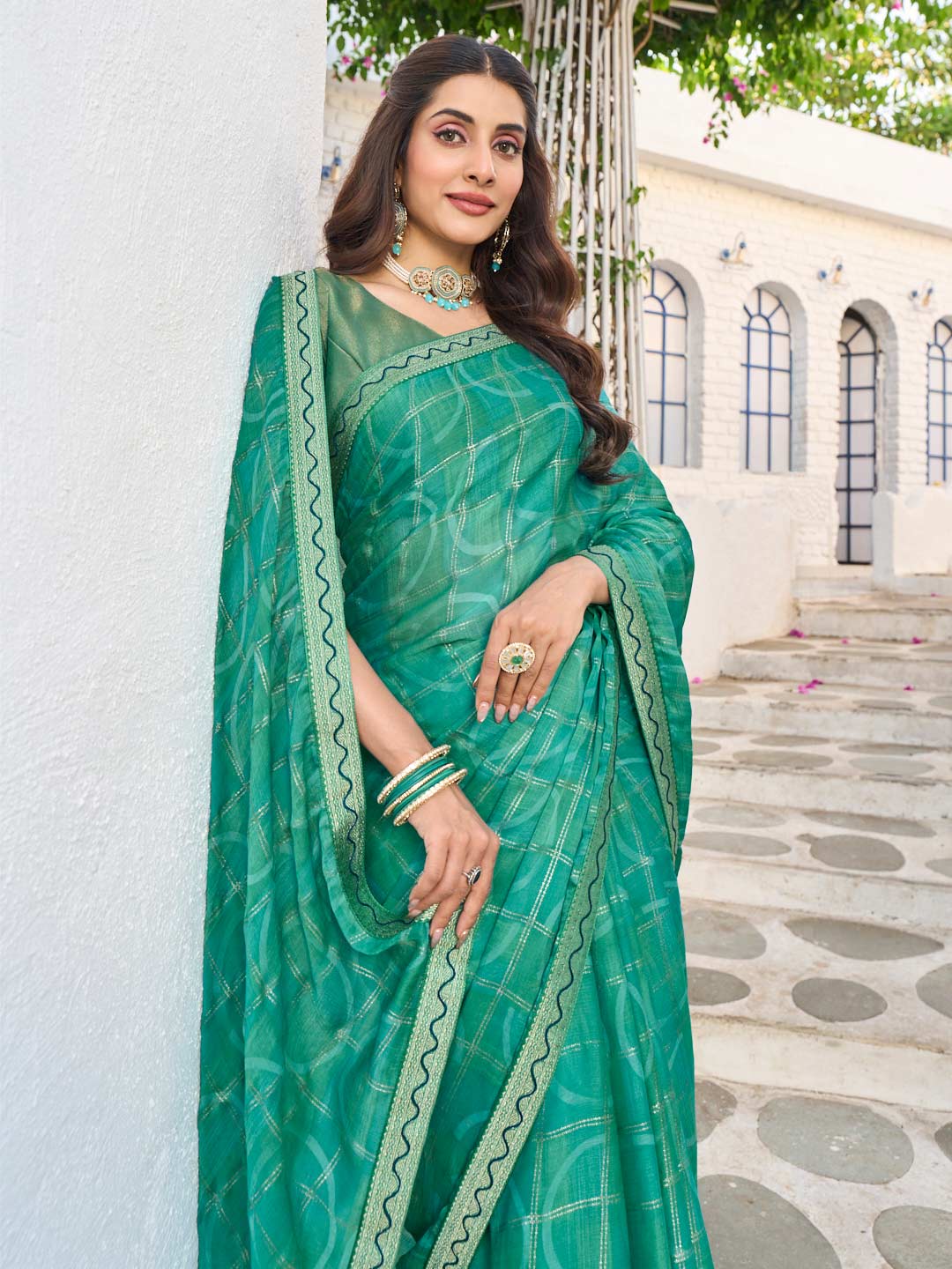 Laxmipati Rang Birangi Green Silk Blend Checkered Printed Saree