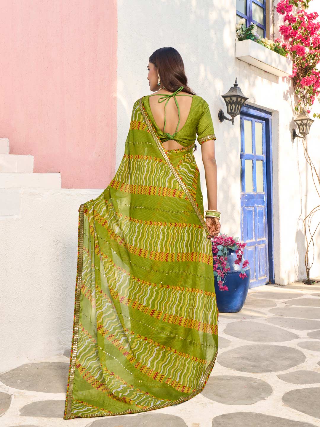 Laxmipati Rang Birangi Green Silk Blend Geometric Printed Saree