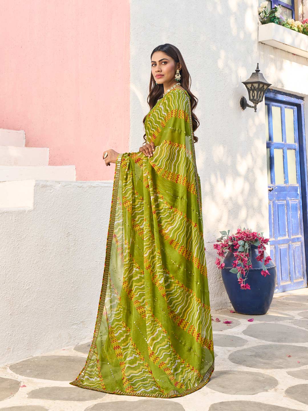 Laxmipati Rang Birangi Green Silk Blend Geometric Printed Saree