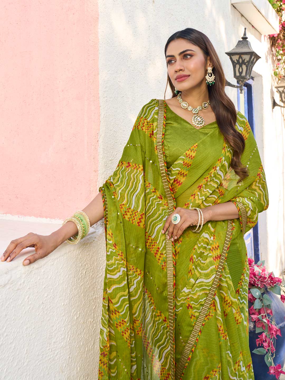 Laxmipati Rang Birangi Green Silk Blend Geometric Printed Saree