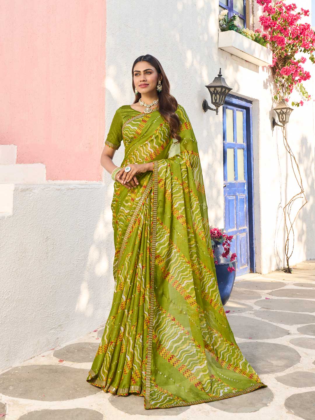 Laxmipati Rang Birangi Green Silk Blend Geometric Printed Saree