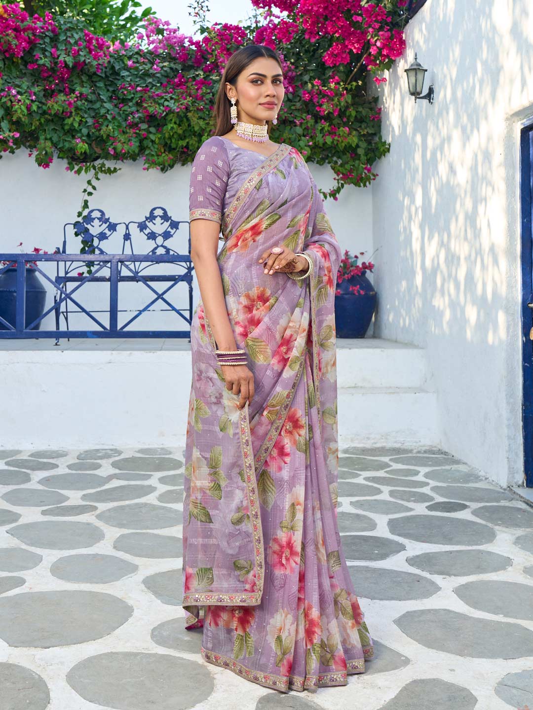 Laxmipati Rang Birangi Purple Chiffon Floral Printed Saree