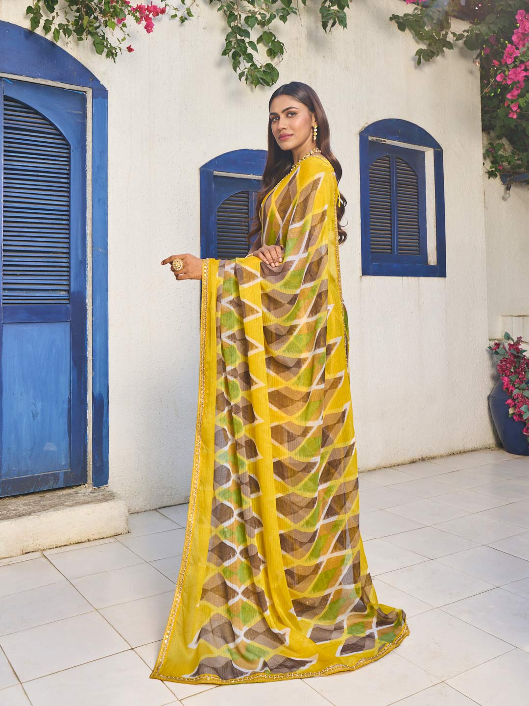 Laxmipati Rang Birangi Yellow Chiffon Geometric Printed Saree