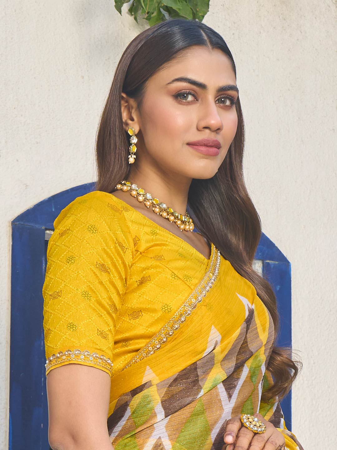 Laxmipati Rang Birangi Yellow Chiffon Geometric Printed Saree