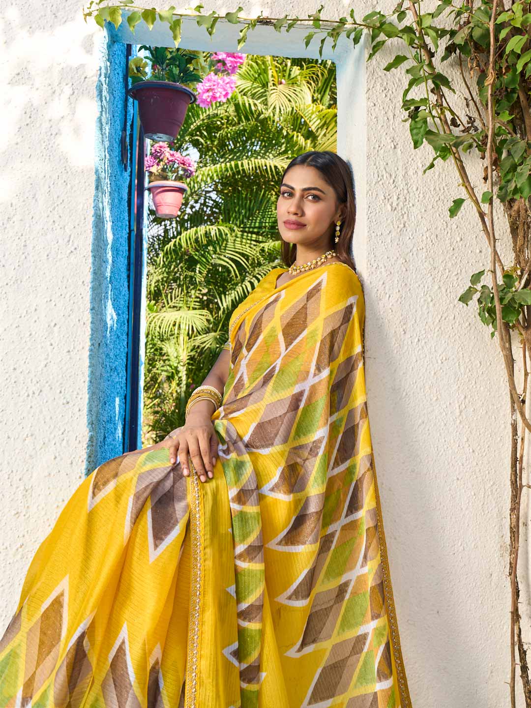 Laxmipati Rang Birangi Yellow Chiffon Geometric Printed Saree