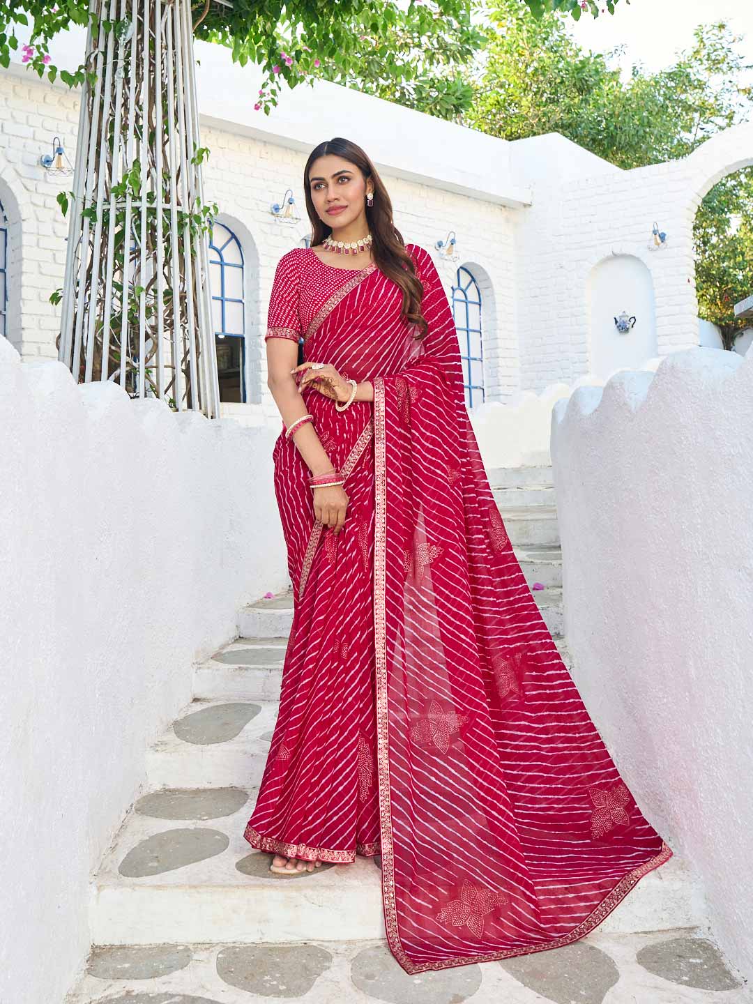 Laxmipati Rang Birangi Dark Pink Georgette Leheriya Printed Saree