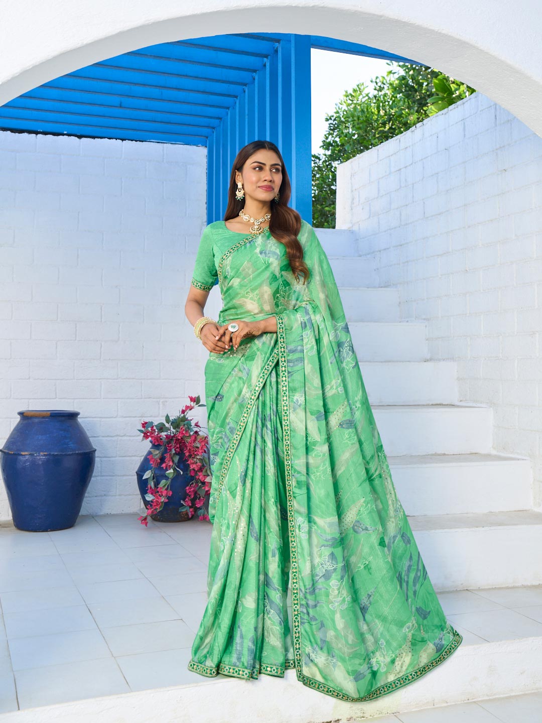 Laxmipati Rang Birangi Green Silk Blend Floral Printed Saree
