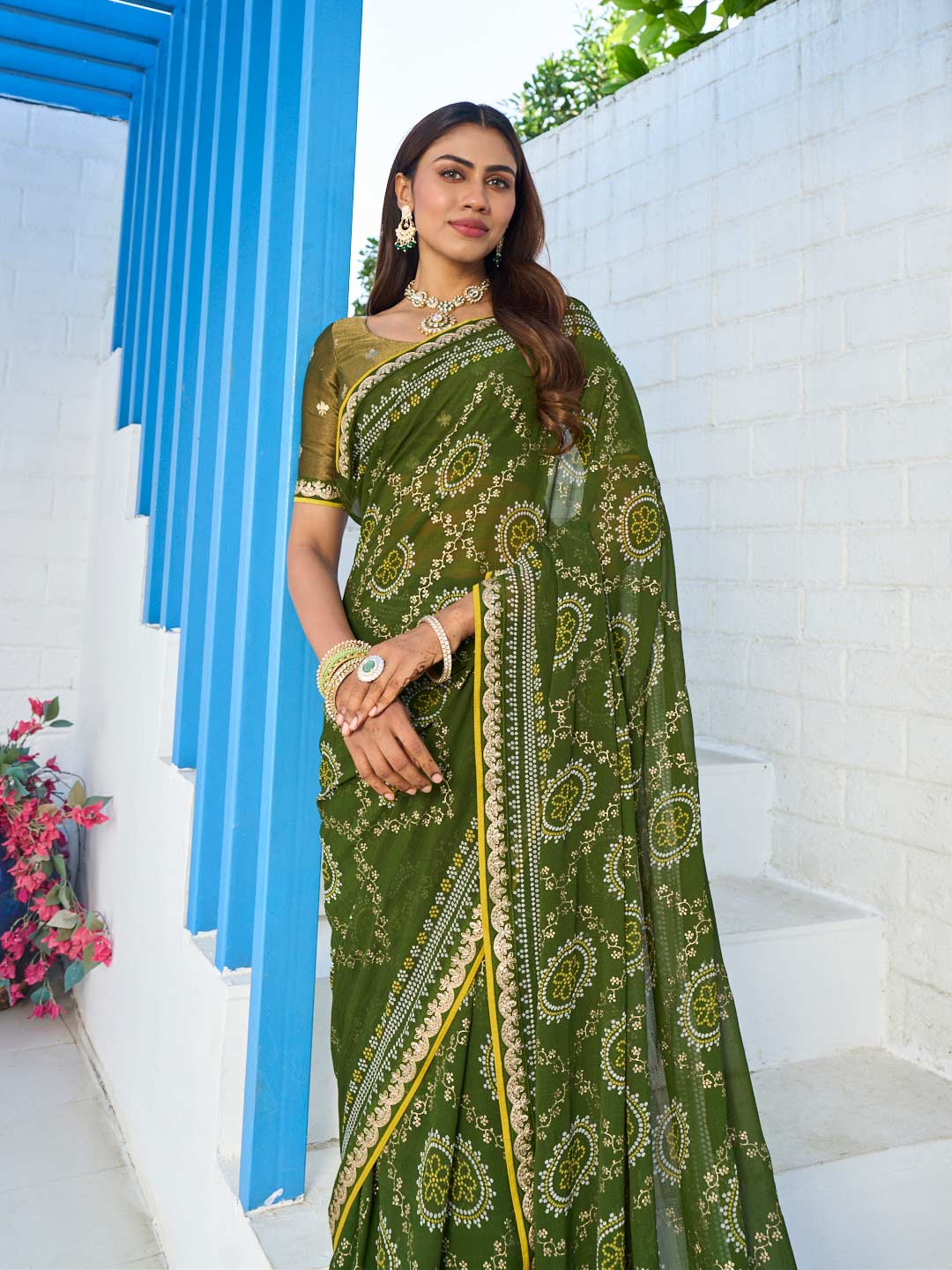 Laxmipati Rang Birangi Green Georgette Foral Printed Saree
