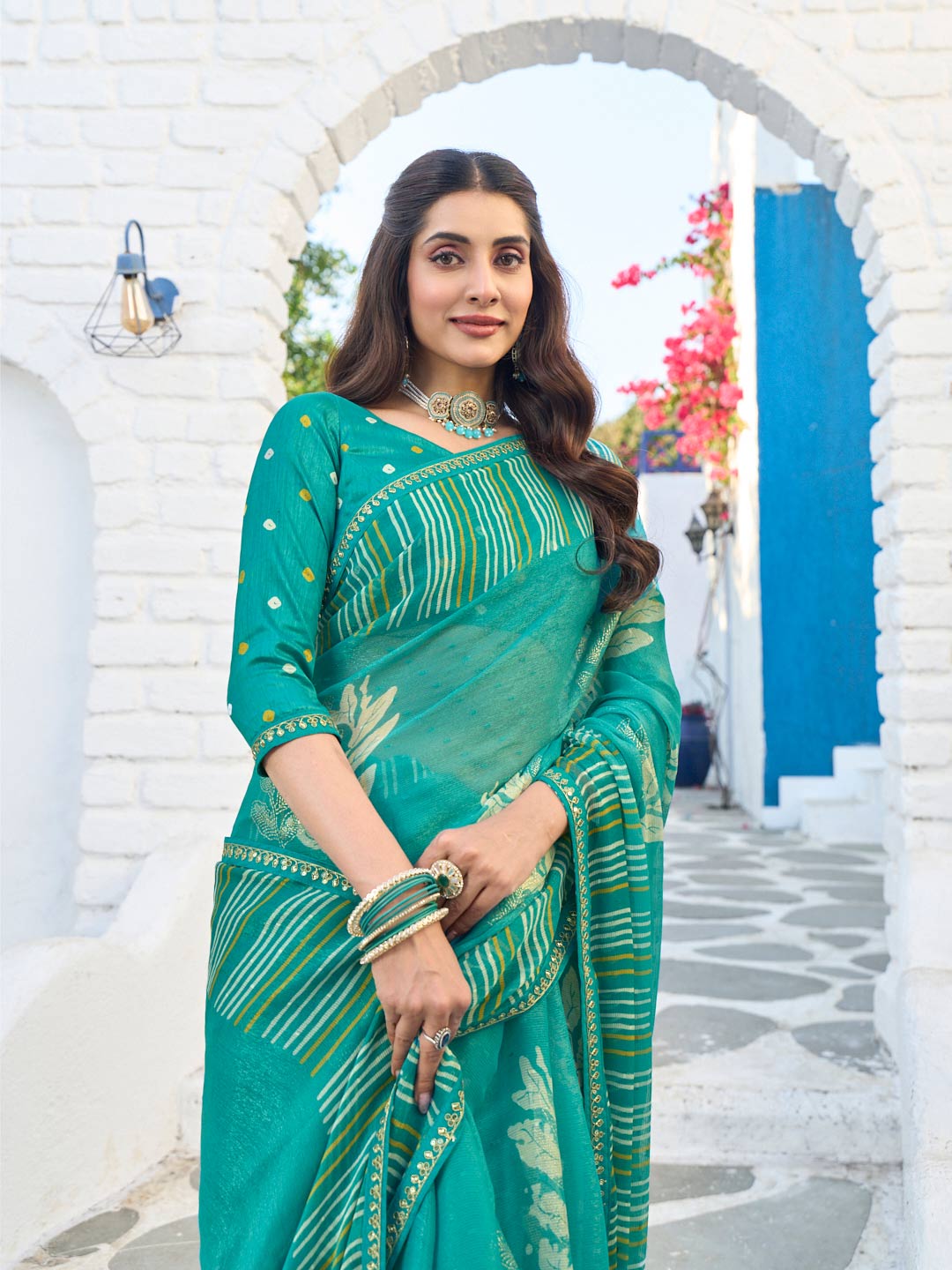 Laxmipati Rang Birangi Blue Chiffon Floral Printed Saree