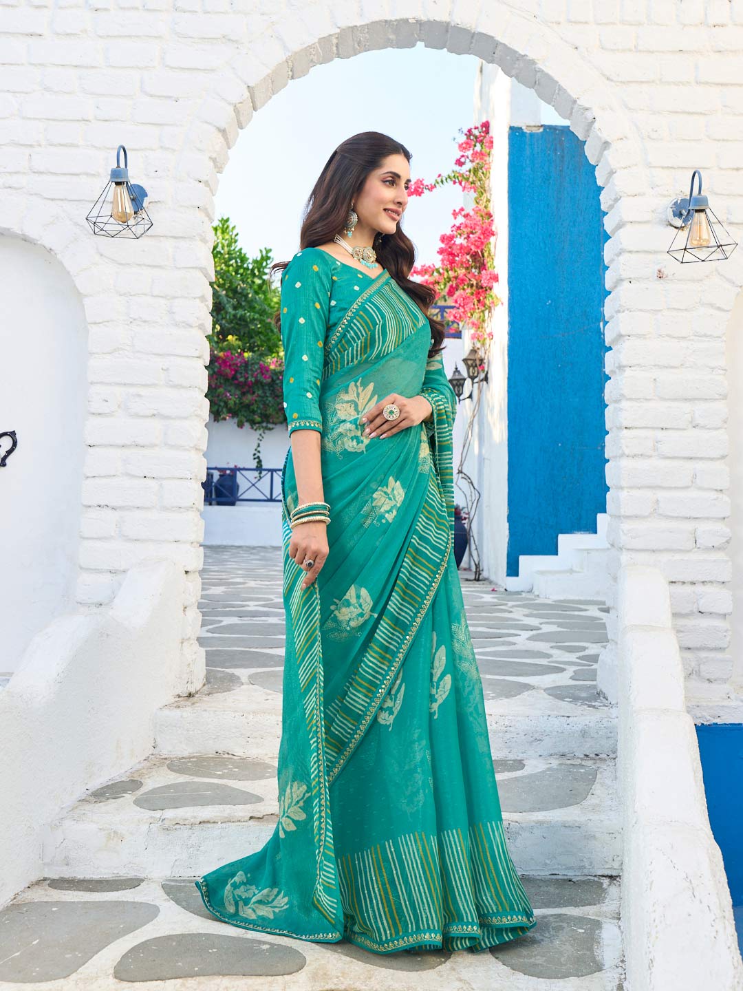 Laxmipati Rang Birangi Blue Chiffon Floral Printed Saree