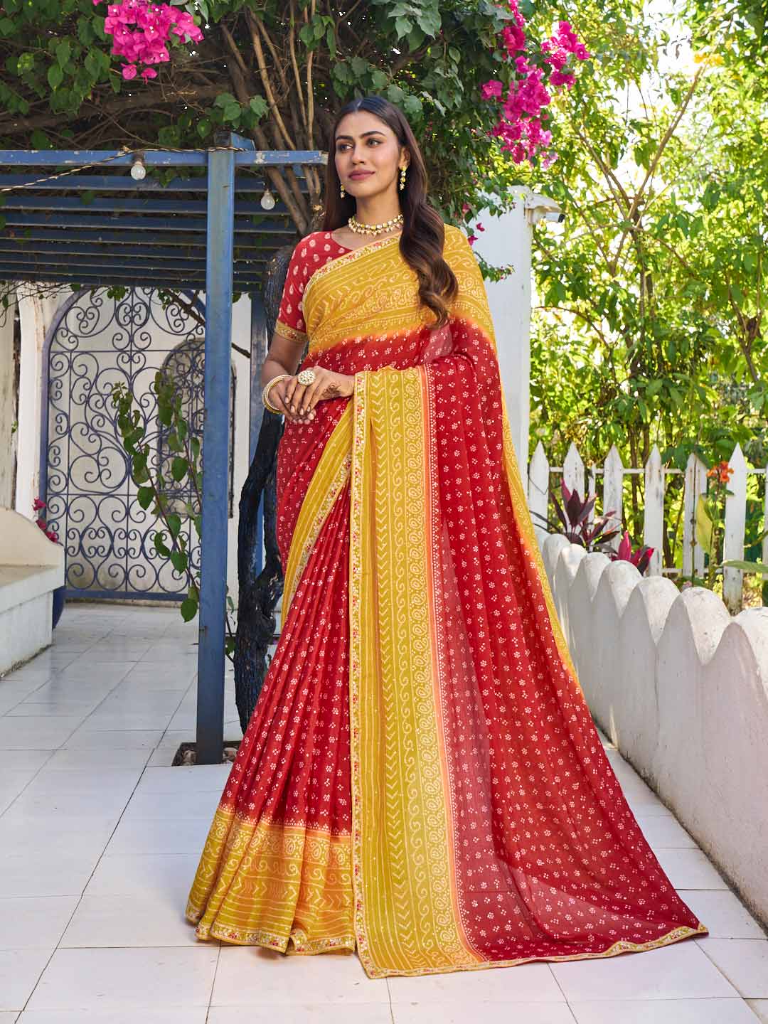 Laxmipati Rang Birangi Red Silk Blend Bandhani Printed Saree