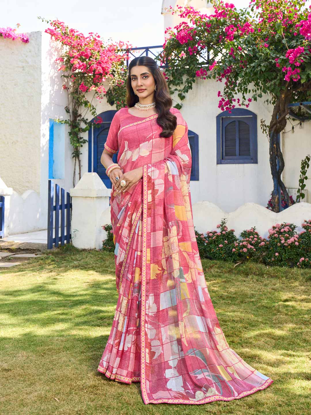 Laxmipati Rang Birangi Pink Chiffon Floral Printed Saree