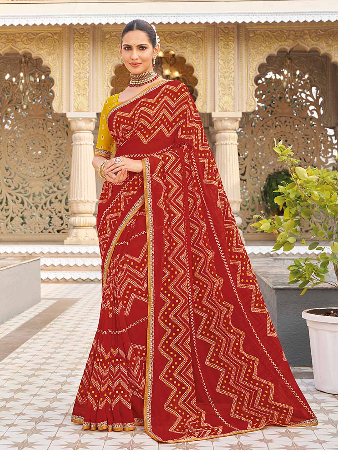 Red bandhani georgette saree