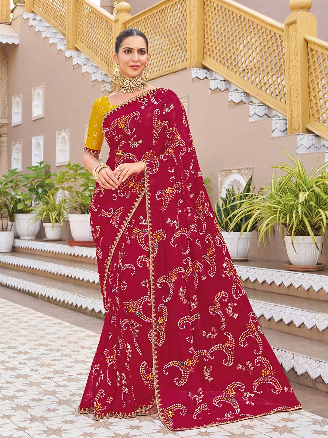 Red bandhani work saree