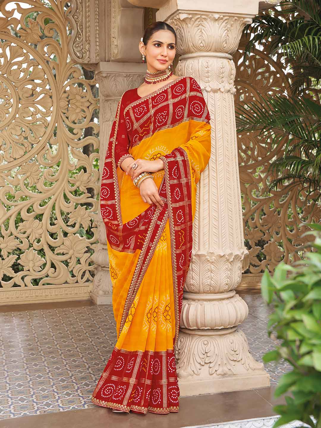 Mustard bandhani print saree