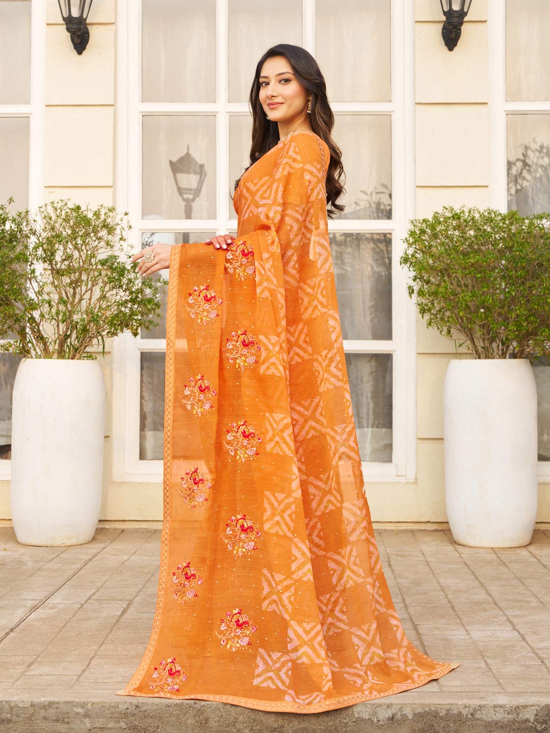 floral geometric work saree